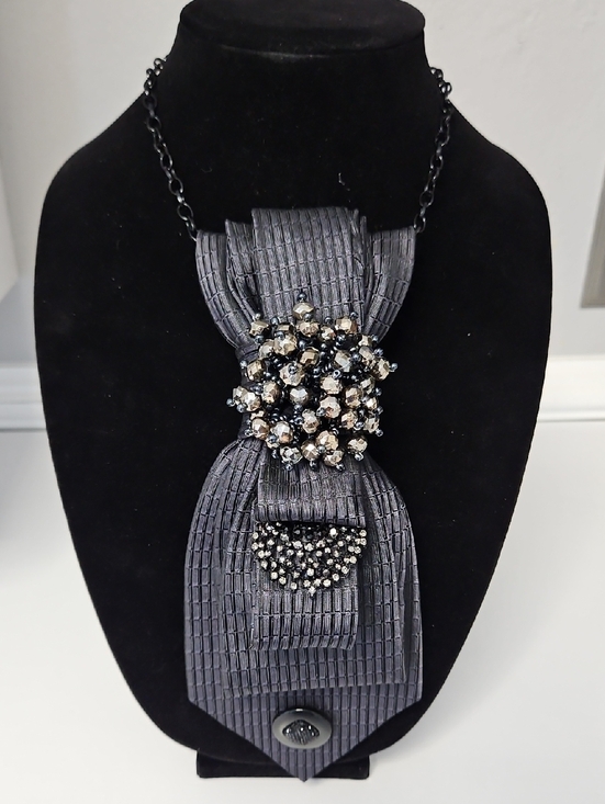 Upcycled Jewelry - Statement Necktie Necklace Gray with Crystal Bow Pendant